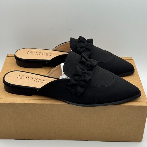 Journee Collection Womens Kessie Black Ruffle Slip-On Mule Flats Size 8.5 NEW - Picture 1 of 10